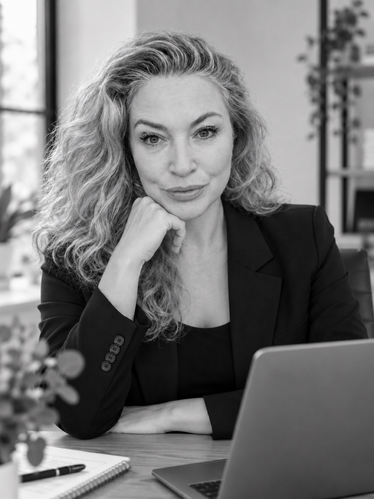 Elina Bass-Mazana im schwarzen Blazer am Schreibtisch, Schwarz-Weiß-Porträt